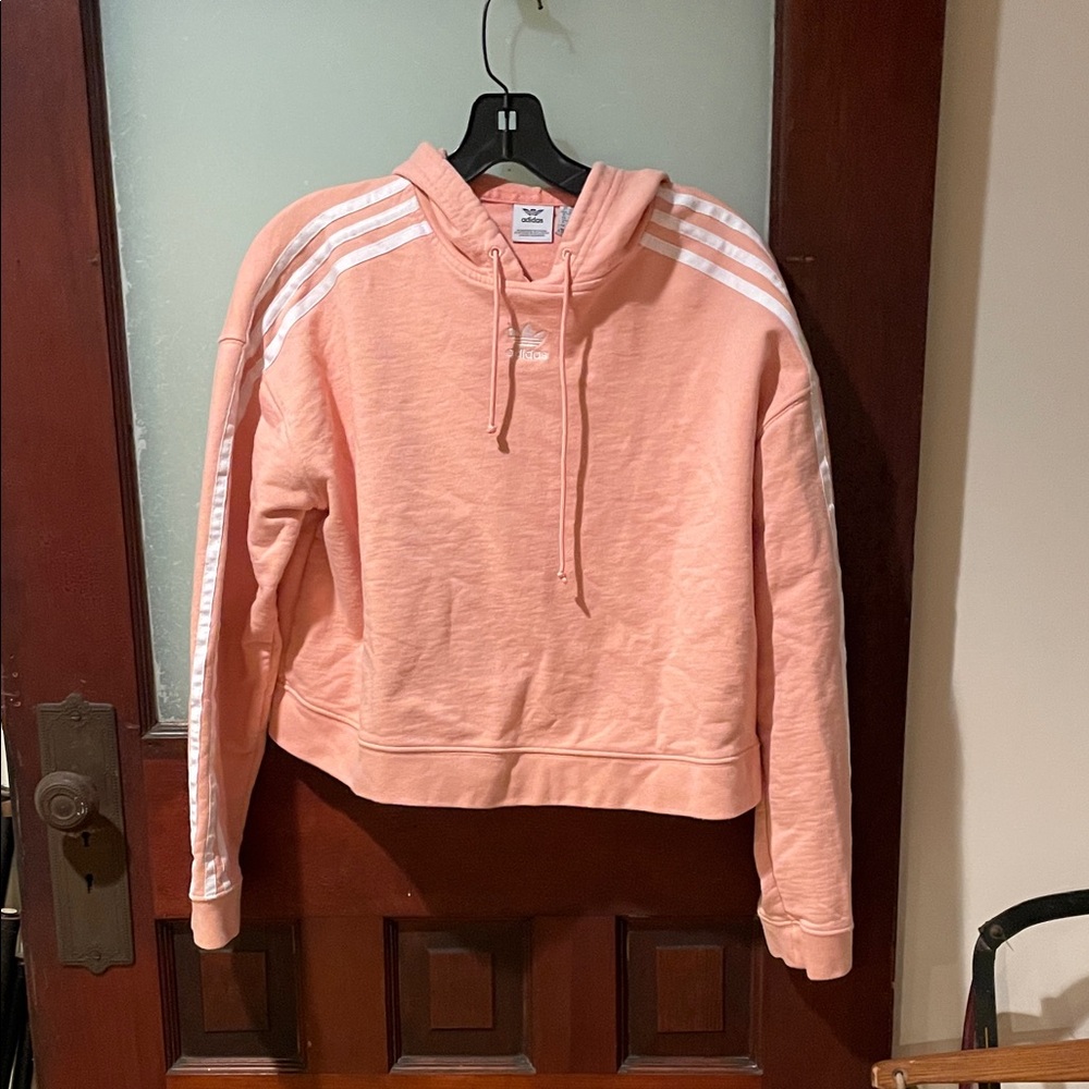 adidas Pink Cropped Crewneck Hoodie with Three Stripes
